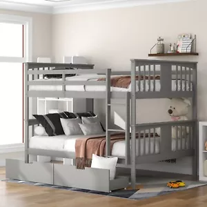 Full Over Full Bunk Bed with Storage Drawer Ladder Pine Wood Frame for Kid Adult - Picture 1 of 12
