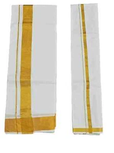 Men's Traditional Cotton Single Dhoti Lunge with Big Gold Border with towel US - Picture 1 of 4