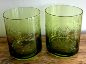 Coppia di bicchieri da whisky in vetro taglio verde vintage - Foto 1 di 4