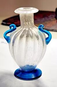 Handblown 3" Murano Amphora Vase Gold Flakes on Clear w/Blue Drawn Handles-Italy - Picture 1 of 8