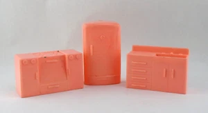 Vintage Dollhouse Furniture Kitchen Pink Refrigerator Sink Stove 1960s Plastic - Picture 1 of 9
