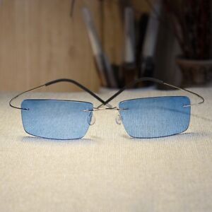 Mens Titanium skyblue Sunglasses rimless silver glasses Rectangular blue lens
