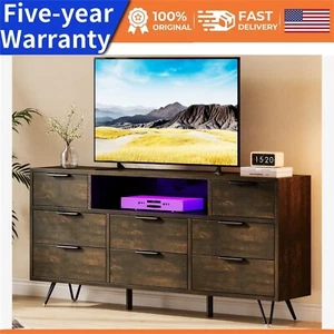 8 Drawer Wood Dresser for Bedroom with LED Lights and Power Outlets 55" TV Stand - Picture 1 of 10