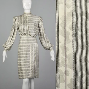 Small Galanos 1970s Striped Silk Dress Vintage Geometric Day Dress 70s Textural - Picture 1 of 10