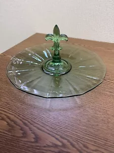 FOSTORIA GLAS Fleur de Lis Griff GRÜN VASELINE 12 Zoll Servierplatte 1930er - Bild 1 von 7