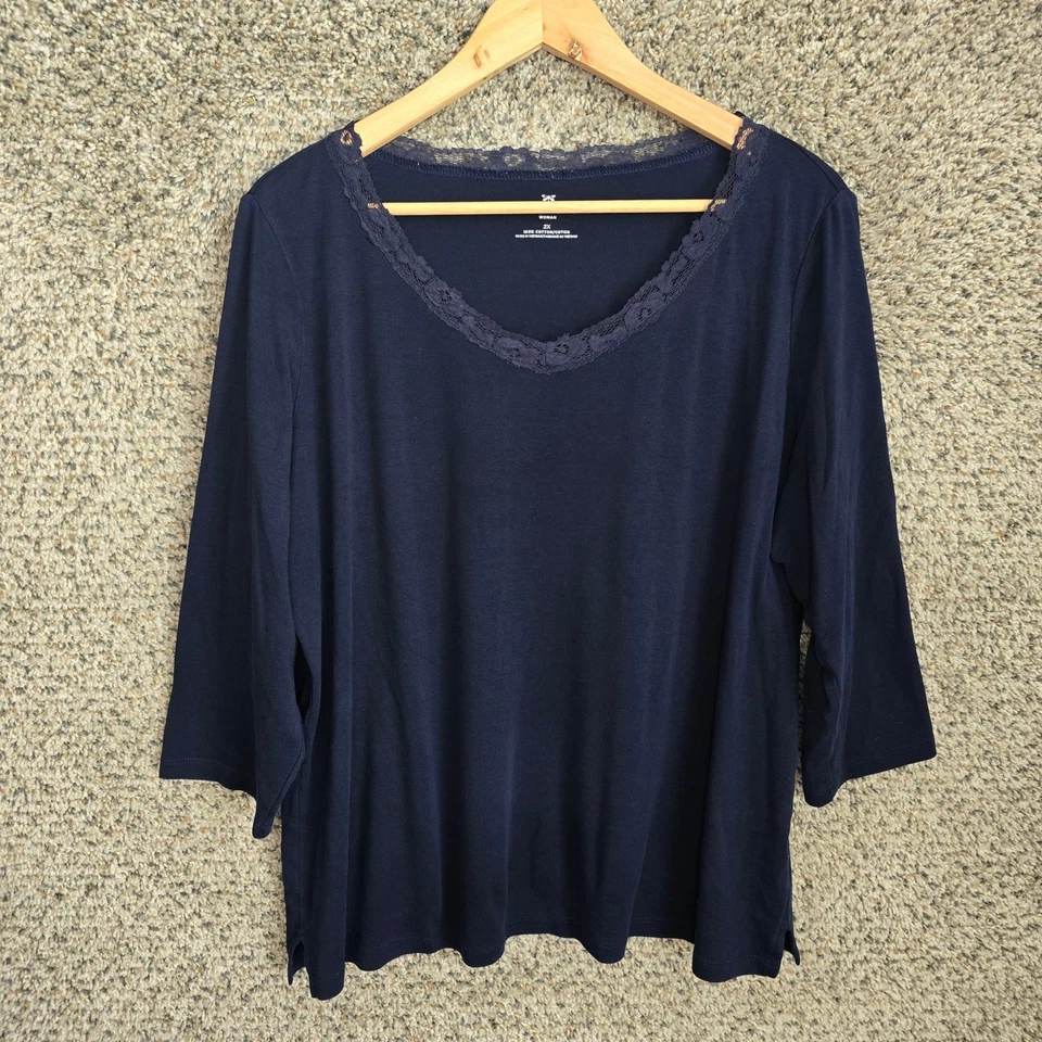 Talbots Top Womens Plus 2X Navy Blue Lace Trim V Neck 3/4 Sleeve Cotton Ladies - Imagem 1 de 4