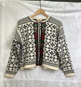 Dale Of Norway Womens Pure Wool Embroidered Ivory Black Geometric Sweatshirt - M - Picture 1 of 13
