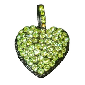 Green Rhinestone Heart Pendant 1.5" Black Metal Puffy 3D Charm Pave Jewelry - Picture 1 of 5