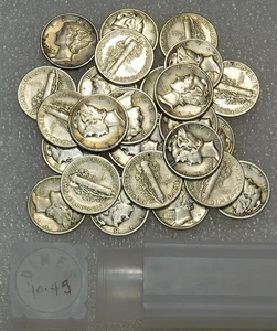 1940-1945 MERCURY Dime Half Roll of 25 coins in tube #V199 - Picture 1 of 2