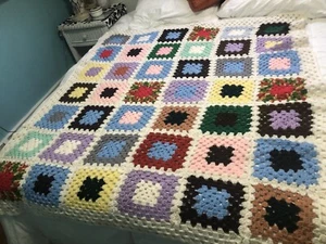 70's Granny Squares Afghan Groovy Hippie Colors Large Blanket 73x56” Hand Made - Picture 1 of 8