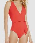 $199 Tory Burch Women&#39;s Red Solid Stretch Side Tie One Piece Swimsuit Size Small