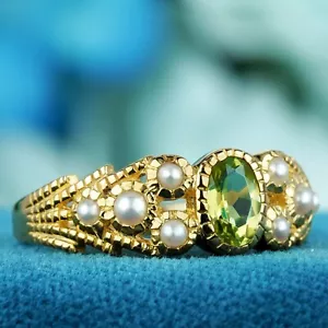 9K Yellow Gold Natural Peridot and Pearl Vintage Style Solitaire Ring - Picture 1 of 6