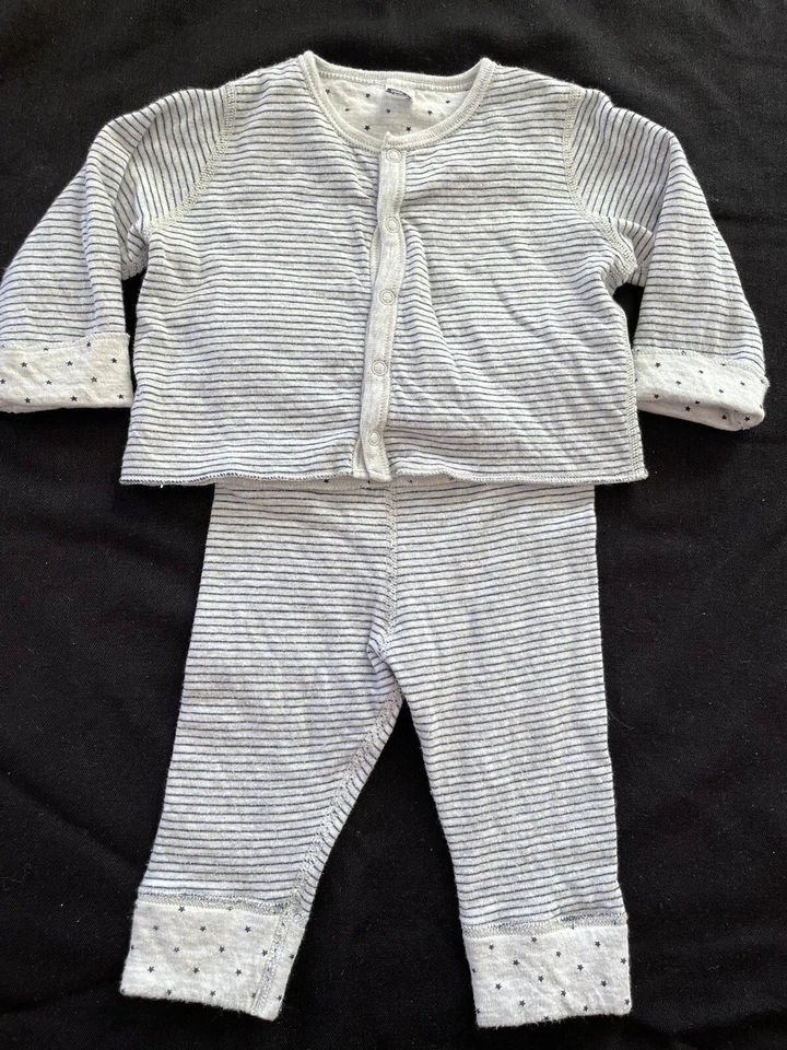 Petit Bateau EUC Grey/Black Stars/Stripes Cotton/Modal Snap Top & Pants-6Mos - Image 1 of 4