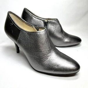 CALVIN KLEIN JENNY Metallic ANKLE Zip BOOTIE Silver Black Heels Women's Sz 8 M - Picture 1 of 12