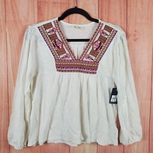 Lucky Brand Whisper Womens Peasant Top Medium White Pink Embroidered V-Neck - Picture 1 of 9