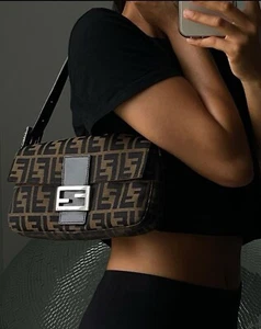 Authentic FENDI Baguette Zucca Canvas Leather Shoulder Bag - Picture 1 of 17