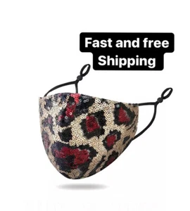 FACE MASK- Red ANIMAL PRINT -BREATHABLE SEQUIN-Adult- Adjustable Straps - Picture 1 of 4
