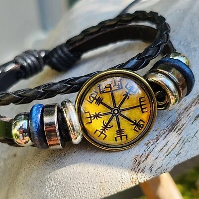 Vegvisir Bracelet Rune Compass Cuff Way Finder Leather Norse Viking Jewellery - Image 1 of 4