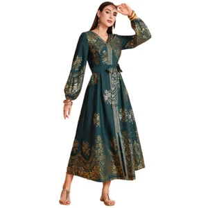 Dubai Muslim Women V-Neck Abaya Maxi Dress Kaftan Turkey Arab Islamic Cocktail - Foto 1 di 16