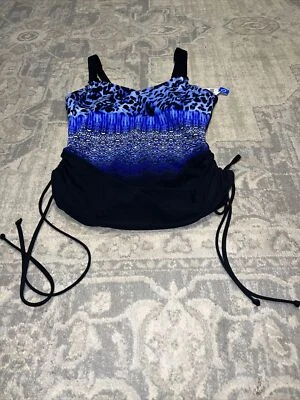 New CHRISTINA blue black Tankini Top Size 10 D underwire bra Stretch ruched ties - Image 1 of 4