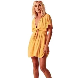 Abercrombie & Fitch Yellow V-Neck Button Down Tie Waist Flutter Sleeves Dress L - Picture 1 of 6