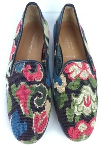 STUBBS WOOTTON Black Print Slipper Shoes Handmade Needlepoint Tapestry 8.5 AA - Picture 1 of 14