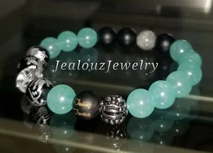JealouzJewelry Sterling Silver Lucky Dragon Matte Black Aqua Gemstone Bracelet - Picture 1 of 1