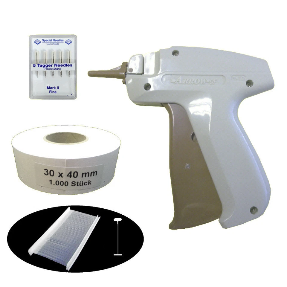 GEBAR E-Set A8= Etikettier Pistole ARROW 9F + 5 Nadeln +1.000 Heft Fäden & Etiketten