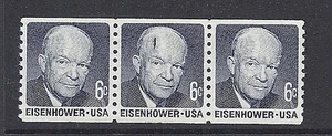 US 1401 Eisenhower Coil Strip of 3 Printing Error plate Flaw Gashed Head MNH EFO - Picture 1 of 1