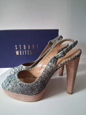 Stewart Weitzman Teal Snakeskin 9 Pump Heel Slingback Peep Platform Shoe Spain - Image 1 of 4