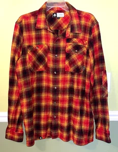 LRG Lifted Research Group Flannel Shirt Red Yellow Brown Plaid  Shacket L - Picture 1 of 3