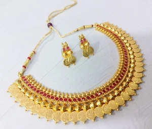 Indian Bridal Red CZ Ginni Choker Necklace With Earrings Gold Plated Party Wear - Picture 1 of 7