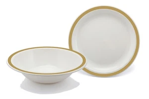 Harfield Duo White Plates/Bowls with Gold Rim (Pack of 4) Shatterproof Plastic - Picture 1 of 11