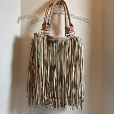 Steve Madden  Beige/pink Leather Fringe Tote Bag Crossbody Shoulder Strap Weste - Image 1 of 4