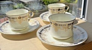 Set of 3 Antique Cauldon Coffee Cups & Saucers – Cobalt Blue Gold Gilt VGC - Picture 1 of 9