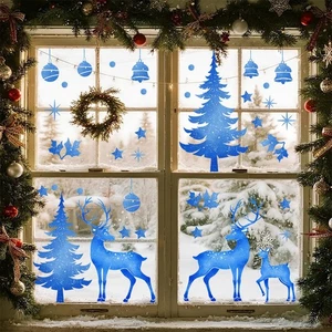 Christmas Blue Window Decals With Reindeer Tree Design Easy To Apply And Remove - Picture 1 of 8