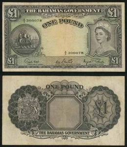1953 ND The Bahamas Government One Pound Banknote Pick 15d Queen Elizabeth VF - Picture 1 of 3