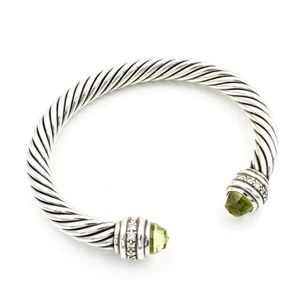 David Yurman Sterling Classic Cable Peridot & Diamond End Cap 6.5" Cuff #S3923-5 - Picture 1 of 8