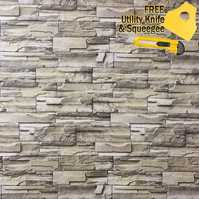 3D Stone Brick Wallpaper Background Modern Vinyl Film Sticker Wall Self-adhesive - Image 1 of 4