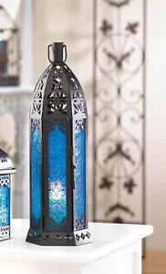 13" Patterned Blue Glass Candle Tower Lamp Light Centerpiece Terrace Home Decor - Picture 1 of 2