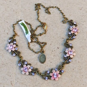 Michal Negrin Necklace Pink Romantic Flowers Leaves & Swarovski Crystal Gift NWT - Picture 1 of 11