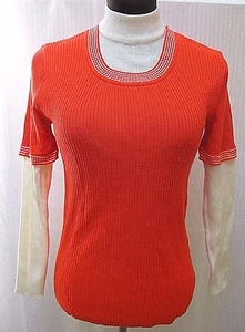 Vintage Full Fashioned MOCK NECK RIBBED KNIT TOP by TARMI - Orange/Ivory - Size S - Bild 1 von 10