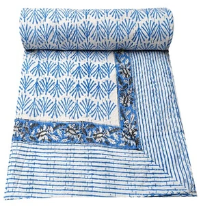 Colcha edredón Kantha con estampado de bloques de mano ropa de cama manta de algodón de tamaño doble - Imagen 1 de 5