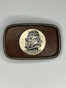 Vintage Leather Belt Buckle with Scrimshaw Ship Nautical Design Brass Frame 682