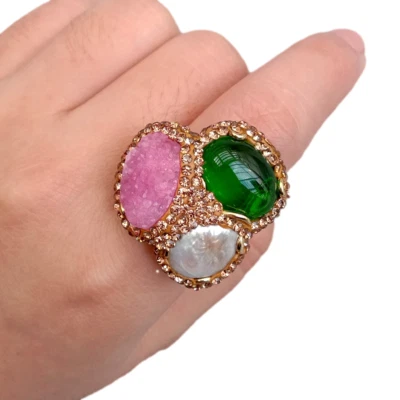 Anillos de cristal verde druzy ágata rosa perla blanca cultivada ajustables Foto 1 de 4