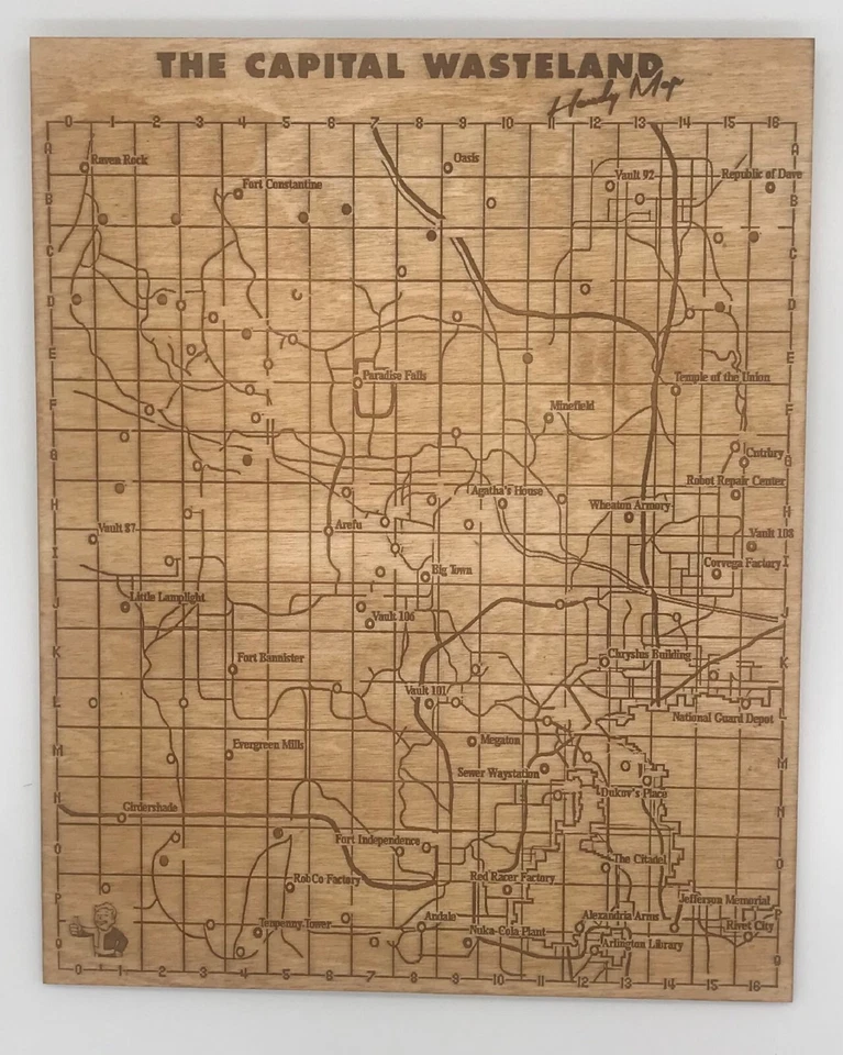 Engraved Map of Fallout 3 The Capital Wasteland on Baltic Birch. 11x14 in. - Image 1 of 1