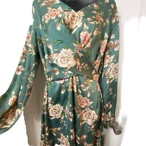 Boohoo Dress Women 16 Ruffle Teal Green Floral Faux Wrap FairyCore BohoCore EUC - Picture 1 of 8