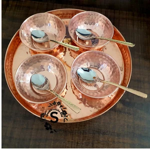 Pure Copper Thali With 4 Serving copper Bowls and 4 Spoon Dinnerware Gifts Sets - Picture 1 of 10