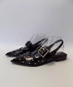 Black Flat Mary Jane Shoes Size 5 38 Womens Pointed Toe Slingback Studded Buckle - Picture 1 of 13