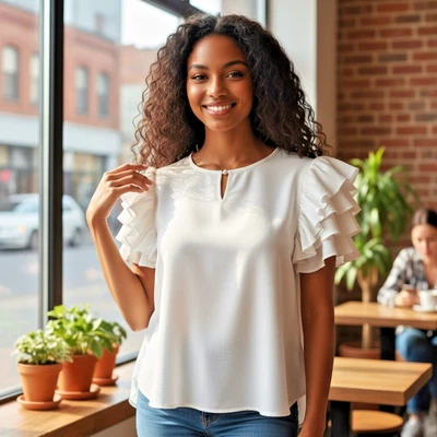 Blusa para mujer Jodifl talla mediana blanca lisa manga corta con volantes Foto 1 de 4